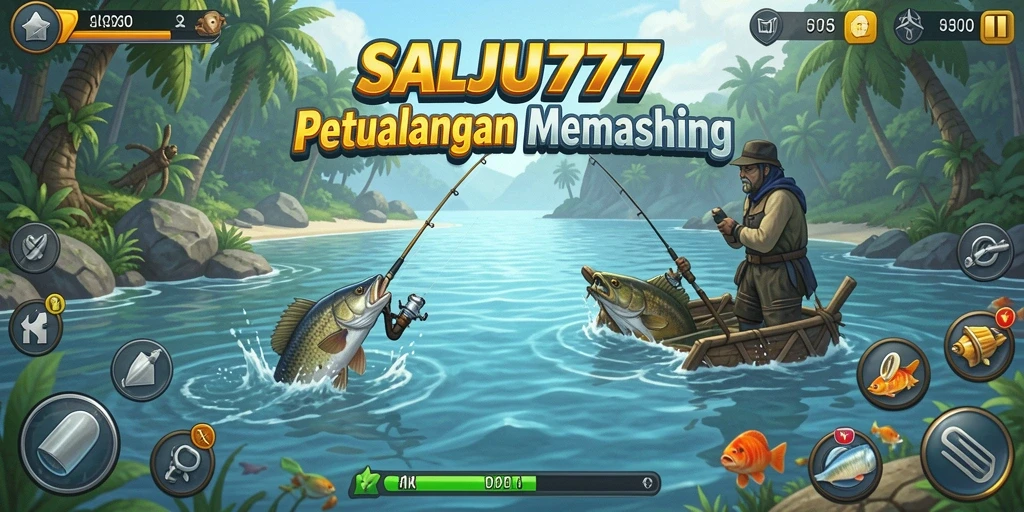 Screenshot gameplay SALJU777 yang menampilkan lokasi memancing indah.